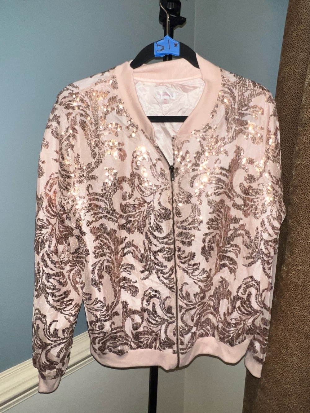 Xhilaration Pink Sequin Floral Bomber Jacket